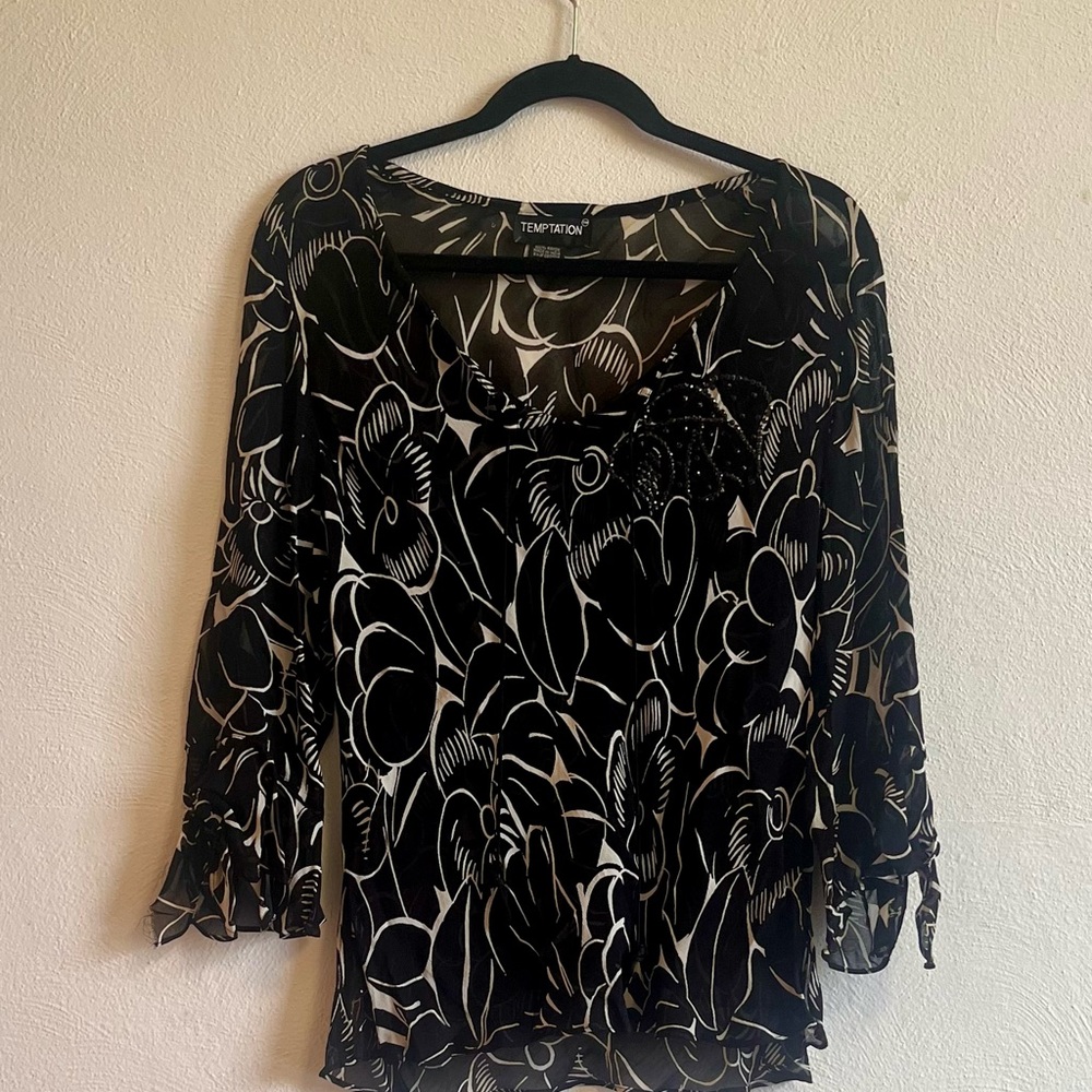 Temptation Black and White Sheer Women's Tunic Top Beaded Details Medium